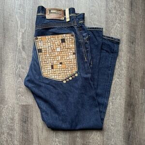 Mens Coogi Hip Hop Jeans 34 X 34 Embroidered Pockets Gold Leather Trim Dark Wash